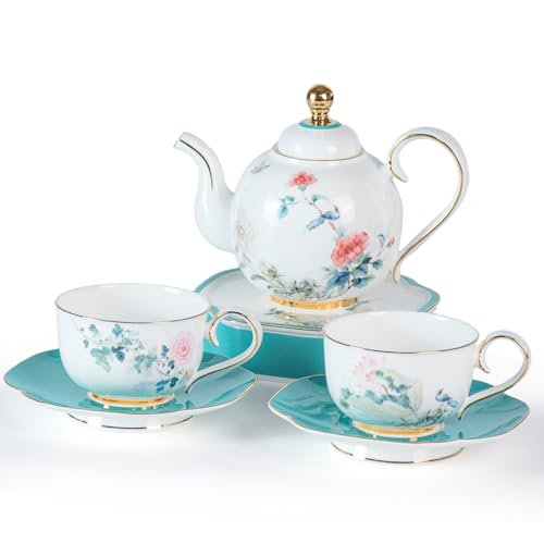 KAMMAK Bone China Tea Set with Cups, Saucers, Pot & Tray