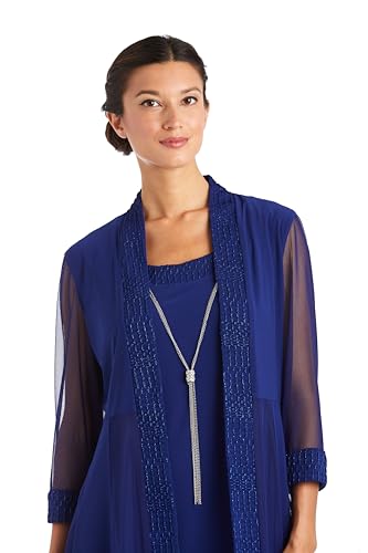 R&M Richards Women's Glitter Jacquard Jacket W/Sheer Insets & Knee-Length Shift Dress W/Necklace - Formal 2-Piece Ensemble2