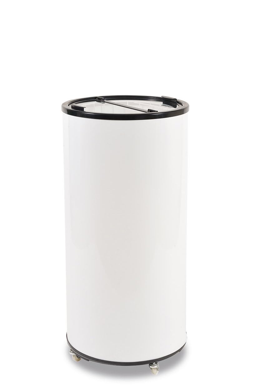 Generico Frigorifero Professionale per Bibite Rotondo Bianco | Forma Cilindrica, Uso Commerciale, Coperchio Trasparente, Con Ruote, Apertura Superiore
