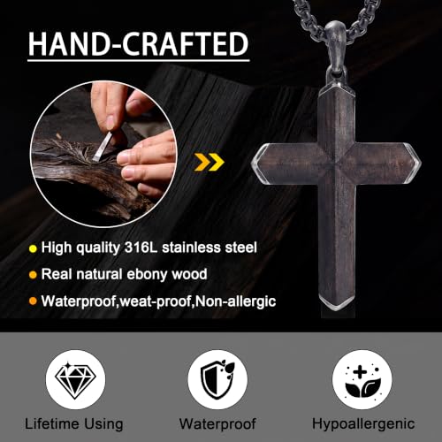 Image of Wooden Cross Necklace for Men with Stainless Steel Adjustable Chain 24-26in, Christian Wood Crucifix Pendant Gift for Him