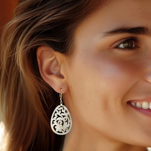 Ross-Simons Carved Mother-Of-Pearl Floral Drop Earrings With 14kt Yellow Gold2