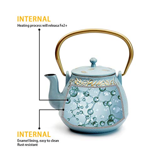 Tea Kettle, TOPTIER Japanese Cast Iron Tea Kettle with Infuser for Loose Leaf and Tea Bags, Stovetop Safe Cast Iron Teapot Coated with Enameled Interior for 40 oz (1200 ml), Turquoise Blue