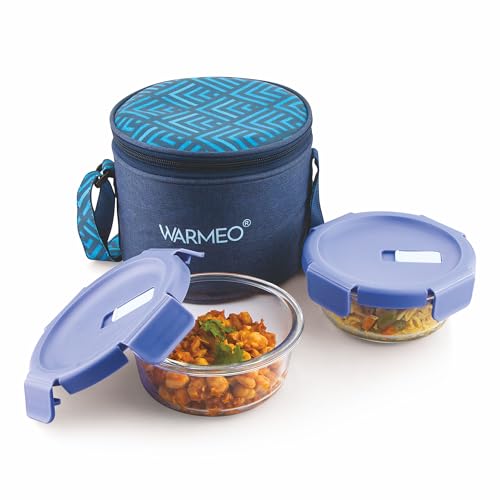 Image of WARMEO BOROFRESH 2 pc Round Borosilicate Glass Container (400 ml Each) | Leakproof, Microwave & Dishwasher Safe Lunch Box with Bag for Office, College & School