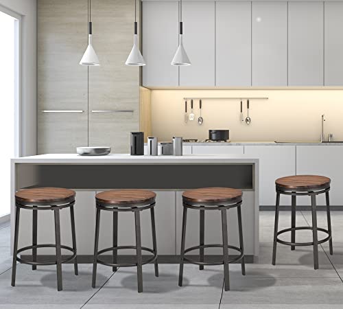 O&K Furniture 24-Inch Backless Swivel Bar Stools Counter Height, Industrial Kitchen Backless Barstools, Wood And Metal Bar Stool Chairs Set Of 2, Dark Brown #TOP6
