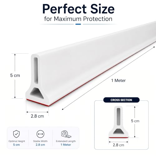 Image of Shower Water Barrier 1M, 5cm High Silicone Water Dam with Adhesive, Shower Threshold Strip & Bathroom Floor Water Stopper for Shower Door, Bathtub & Kitchen Sink, White