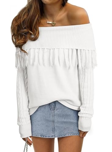 EVALESS Womens Off The Shoulder Sweater Fall Fringe Long Sleeve