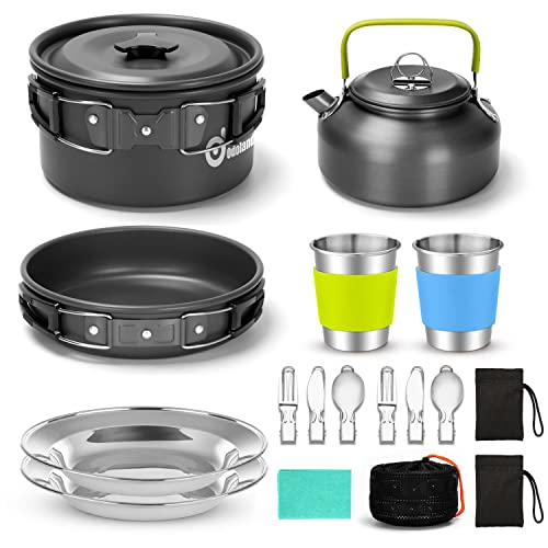 Comparison: Best Non Stick Camping Cookware 9 Odoland 15pcs Camping Cookware Mess Kit, Non-Stick Lightweight Pot Pan Kettle Set with Stainless Steel Cups Plates Forks Knives Spoons for Camping, Backpacking, Outdoor Cooking and Picnic