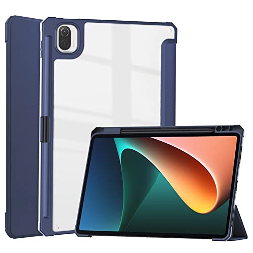 for Xiao-mi-Pad-5/Pro/5G 2021 Tri-fold Stand Case with Stylus Holder, 11'' Clear Acrylic Back Shell Ultra-Thin Lightweight Full-Body Protective Magnetic Flip Smart Cover Auto Sleep/Wake (Dark Blue)
