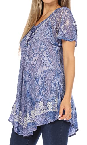 Image of Sakkas Ash Speckled Tiedye Embroidered Cap Sleeve Blouse Top with Embroidery Hems