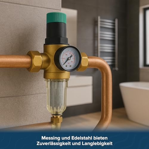 AQUA HEATING Druckminderer Wasser mit Manometer und Messgerät, Wasserdruckminderer 1 Zoll Wasserdruckregler mit selbstreinigendem Siebfilter, Druckminderventil Druckregler Messing