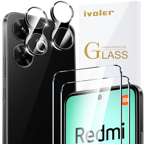 ivoler 2 Piezas Cristal Vidrio Templado Protector de Pantalla para Xiaomi Redmi 13 4G / Poco M6 4G, con 2 Piezas Protector de Lente de Cámara, 9H Dureza, Antiarañazos, Sin Burbujas