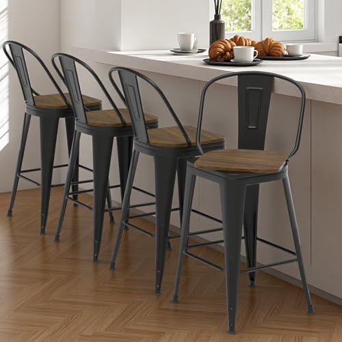 Butacos giratorios de bar de 24 pulgadas, juego de 4 unidades, con estructura metálica resistente y respaldo alto para cocina, cafés y restaurantes, color negro miniatura 1