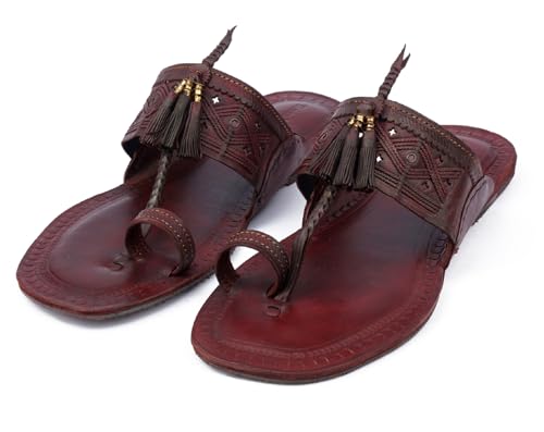 Image of KORAKARI Mens Handmade Kolhapuri Chappal Smooth and Comfortable, Stylish Durable Anti Slip Design Flip Flops Slippers Genuine Leather Traditional Indian Footwear.