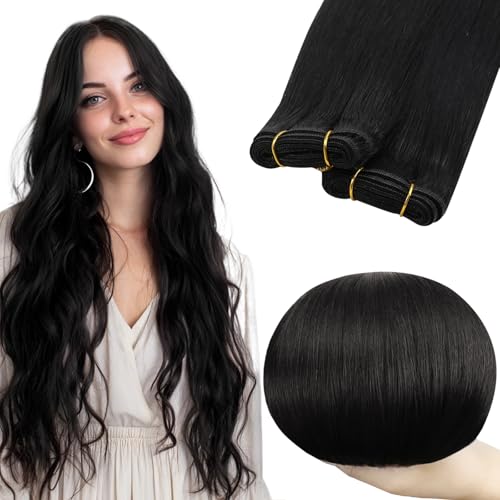 RUNATURE 22 Inch Sew in Hair Extensions Real Human Hair Long Weft Hair Extensions Jet Black Sew in Extensions Straight Silky Human Hair Weft Extensions Head Resistant 100g #1