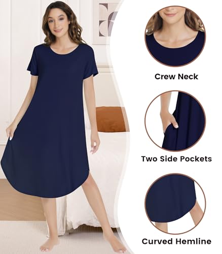 Image of NACHILA Nightgowns for Women-Viscose Made from Bamboo, Short Sleeve Nightshirts Cool Sleep Dress Long Sleep Shirt