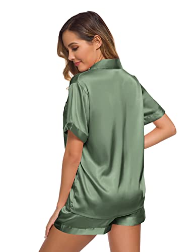 Image of SWOMOG Womens Silk Satin Pajamas Set Short Sleeve Sleepwear Button Down Top and Shorts Loungewear 2 Piece Pjs Set XS-3XL