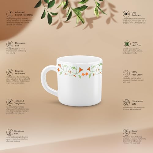Image of Treo By Milton Opalware Amara 18 Meena Cup Set | Microwave & Dishwasher Safe | Bone-Ash Free | Tempered Toughness | Set of 6, 180 ml Each | White | Mug Set for Tea, Coffee, Daily Use & Gifting