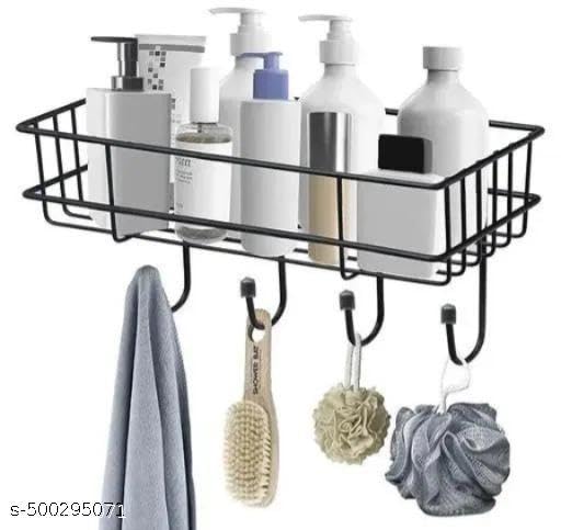 (Pack of 2) Steel Self-Adhesive Multipurpose Bathroom Shelf with Hooks/Towel Holder/Rack/Bathroom Accessories-Wall Mount - Pack of 2 (Black,Powder Coated) 2