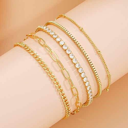 Image of iF YOU Gold Ankle Bracelets for Women, 14k Gold Plated Waterproof Cuban Link Chain Anklets Set, Layered Anklet Bracelets for Women Beach Gift Adjustable Size 5pcs