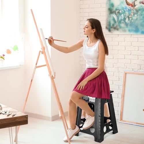 Image of Delxo Folding Step Stool 17.5 Inch Non-Slip Foldable Stools for Kids & Adults Up to 300 LBS Kitchen Collapsible Fold Up Stepping Stool with Dotted 1 Pack Black