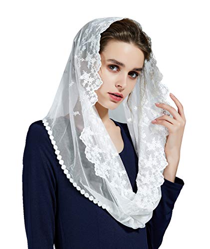 BEAUTELICATE Mantilla Katholisch Damen Schleier Spitze Schal Stola Kopftuch Schwarz Weiß für Hochzeit Messe Kirche Kapelle Brautschleier V111 (Weiß, Einheitsgröße)