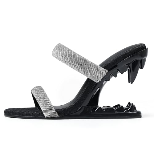 Image of Goiphrri Wedge Sandals for Women Strappy Heels Round Open Toe Heels Metallic Shark Tiger Teeth heeled Sandals Flip Flops Thong Womens Mules Slip on Party Dress Wedding Ceremony