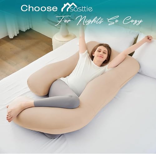 Image of Cooling Pregnancy Pillows for Sleeping, 65'' Full Body Pillow, Beige | Sasttie Maternity Pillow, OEKO-TEX, Down Alternative, Removable Cover, Pregnant Women Must Haves, Maternity Essential