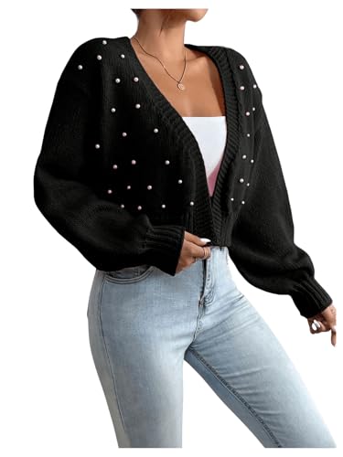 Image of SHENHE Women's Pearl Beaded Open Front Cardigan Oversize V Neck Drop Shoulder Cropped Sweater