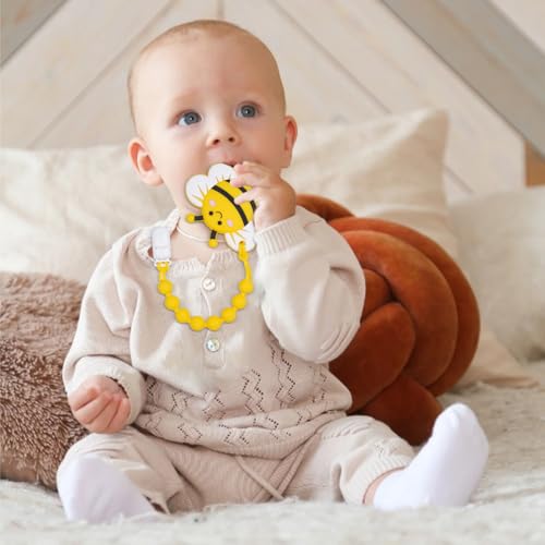 Image of Baby Food Grade Silicone Teether Ring Toy with One Piece Design Pacifier Clip Holder,Teething Toys Gift Set for 3 Months+ Boys and Girls,Freezer Safe,BPA Free.(Yellow Bee)