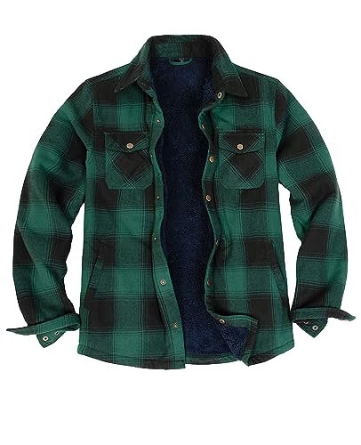 ZENTHACE Men's Sherpa Fleece Lined Plaid Flannel Jackets Fall Winter Outdoor Work Flannel Shirt Shacket Jacket Coat Green L