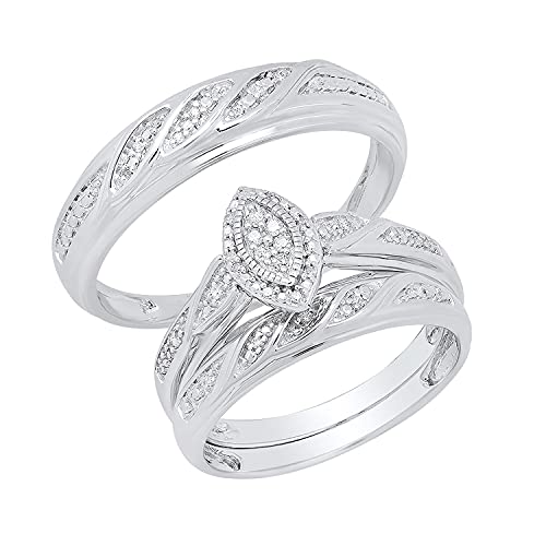 Dazzlingrock Collection 0.12 Carat (ctw) Round White Diamond Marquise Framed Wedding Trio Ring Set for Men & Women in 925 Sterling Silver