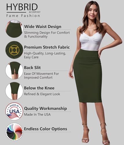 Image of Hybrid & Company Women's Premium Nylon Ponte Stretch High Waist Pencil Suit Skirt Below Knee