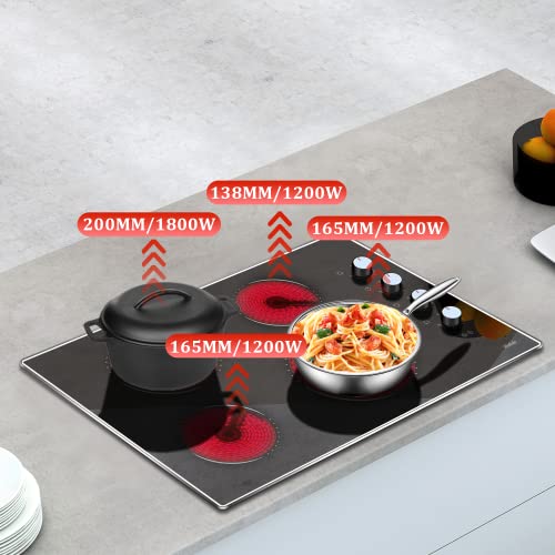 Electric Cooktop 30 Inch, Knob Control Built-In Radiant Electric Stove Top With 4 Burners, 30 In Electric Stove Burner, Cooktop With Glass Protection Metal Frame, 220-240V 6700W, Hard Wire(No Plug) #TOP2