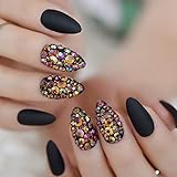 CoolNail 3D Press On Nails Rose Black Bling Gems Matte Stiletto Fake False Nails Almond Frosted Oval Short Pointed Full Cover Faux Ongles