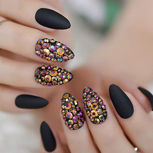 Coolnail 3D Press On Nails Rose Black Bling Gems Matte Stiletto Fake False Nails Almond Frosted Oval Short Pointed Full Cover Faux Ongles