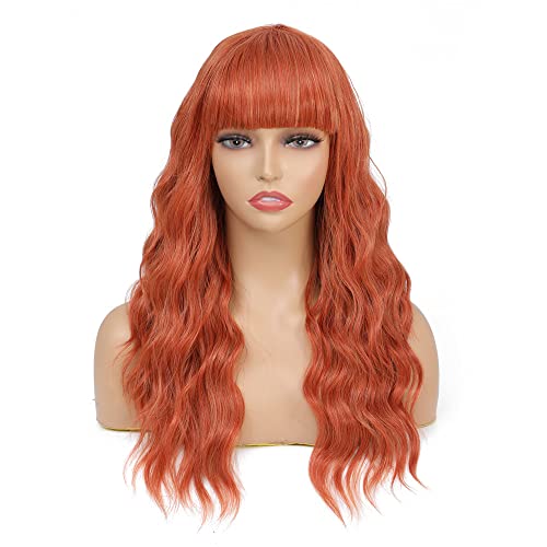 X-Tress 20 inch Wavy Hair Wig with Bangs for Women Ginger Wig Synthetic Fiber Hair Long Curly Wig Ladies Cosplay Party Halloween Costume Heat Resistant Synthetic Wig(Ginger)