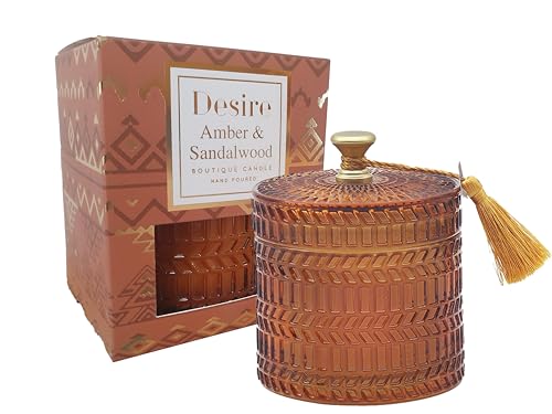 The Leonardo Collection Leonardo Desire Amber and Sandlewood Scented Hand Poured Soy Wax Candle in a Amber Decorative Glass Lidded Jar Holder with Presentation Box