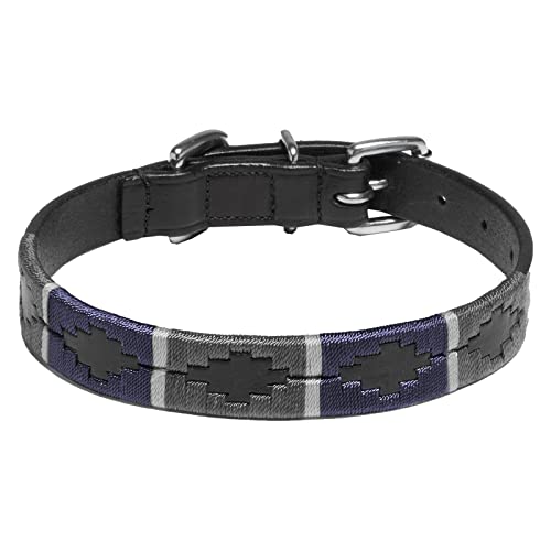 Kieffer Buenos Aires - Collar de piel para perros, color negro con estampado gris oscuro, gris y azul, tamaño: 32 cm