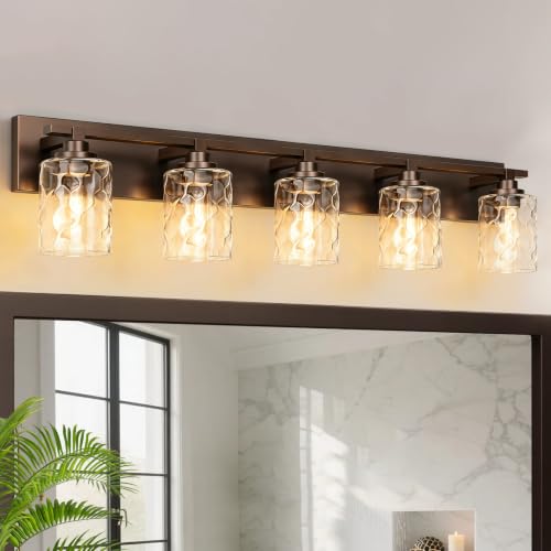Image of Bathroom Light Fixtures,5-Light Oil Rubbed Bronze Vanity Lights Over Mirror | Modern Wall Light,Clear Ripple Glass Shade,Sturdy Metal Frame,For Bathroom Remodel,Easy Install,E26 Socket,ETL-Listed 36-inch