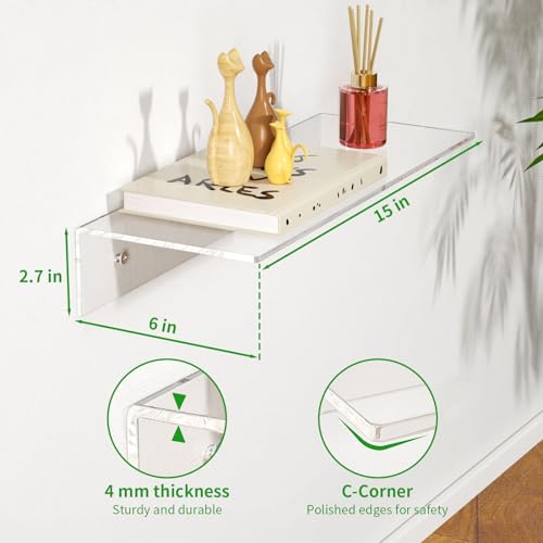FEMELI 2 PCS 15" Acrylic Floating Shelves, Clear Shelf for Display, Plant, Perfume, Book in Bedroom Living Room Office, 5mm Thick Wall-Mounted Acrylic Shelves for Wall by FEMELI - Image 3