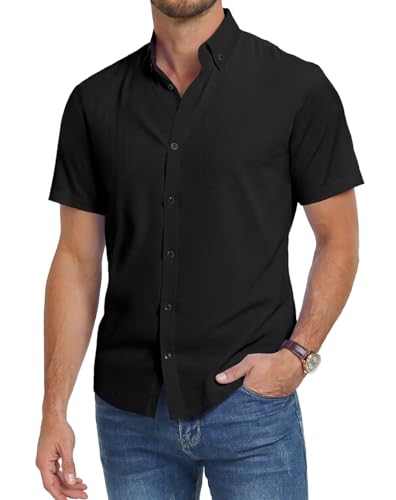 Misfuso Chemise Homme Manches Courtes en Couleur Uni sans Repassage Chemise Décontracté d'Été Noir S