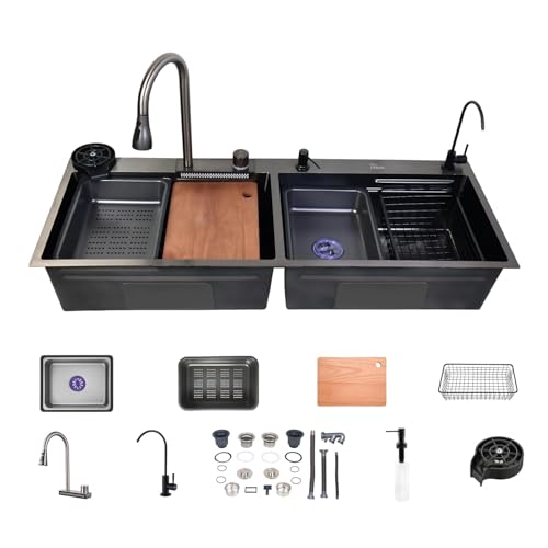Image of Fossa 47 inchx18 inchx10 inch Double Bowl Waterfall Kitchen Sink Honeycomb Embossed Sink with Black Nano Coating, Premium Stainless Steel, Rectangular Workstation, Faucet With Included All Accessories (Black)
