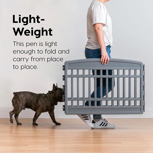 Image of IRIS USA 24 inch Dog Playpen 6-Panel Pet Exercise Pen with Door Gate 61x61x24 Puppy Play Pen Indoor Outdoor Plastic Heavy Duty Foldable Portable Pet Fence for Small Medium Dogs Puppies Multiple Pets Gray