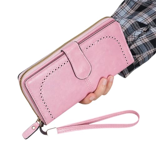Women's oil wax leather wallet/coin wallet Multi-function mobile phone bag multi-card bag, Pink, 20