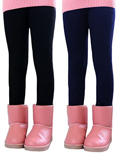 Kiench Girls' Fleece Lined Leggings Winter Cotton Thick Stretchy Pants 2-Pack