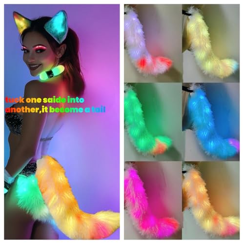Women Glow Fur Scarves, Winter Wraps, Faux Fur Tail Shawl,with Smart LED Light Up Long Scarves 100color Christmas Rave Party4