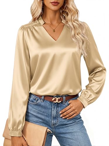 GRACE KARIN Womens Business Casual Tops, Long Sleeve Work Satin Blouses, Dressy V Neck Silk Shirts Fall Trendy Outfits Apricot XXL