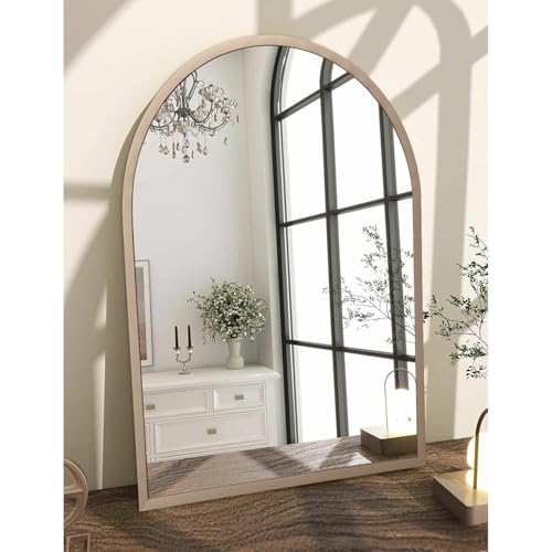 Image of Large Arch Wall Mirror Bathroom Mirror Brass 26 inchx18 inch Metal Framed Mirror, Arched Wall Mounted Vanity Mirror for Bedroom, Living Room, Entryway