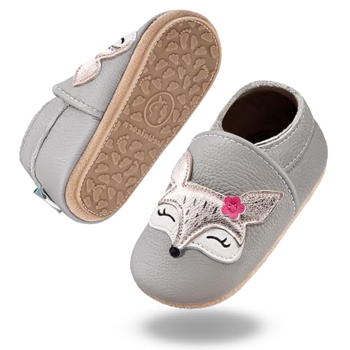 IceUnicorn Krabbelschuhe Baby Lauflernschuhe Weicher Leder Jungen Mädchen Lederschuhe Babys Rutschfeste Krabbelschuhe mit Gummisohle Babyschuhe(Grau Rosenfuch, 6-12 Monate)