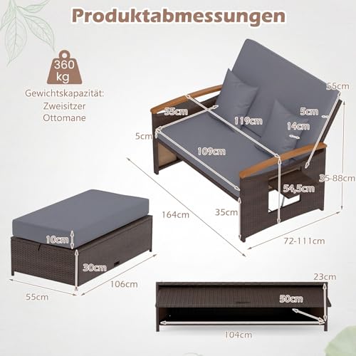COSTWAY rattanowy zestaw mebli wypoczynkowych 3 w 1, podwójne łóżko ogrodowe, sofa 2-osobowa z taboretem, funkcja spania, regulowane oparcie i miejsce do przechowywania, meble ogrodowe do ogrodu,